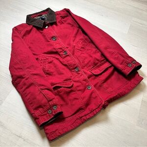 Lands' End Red Cotton Pea Coat with Dark Brown Corduroy Collar